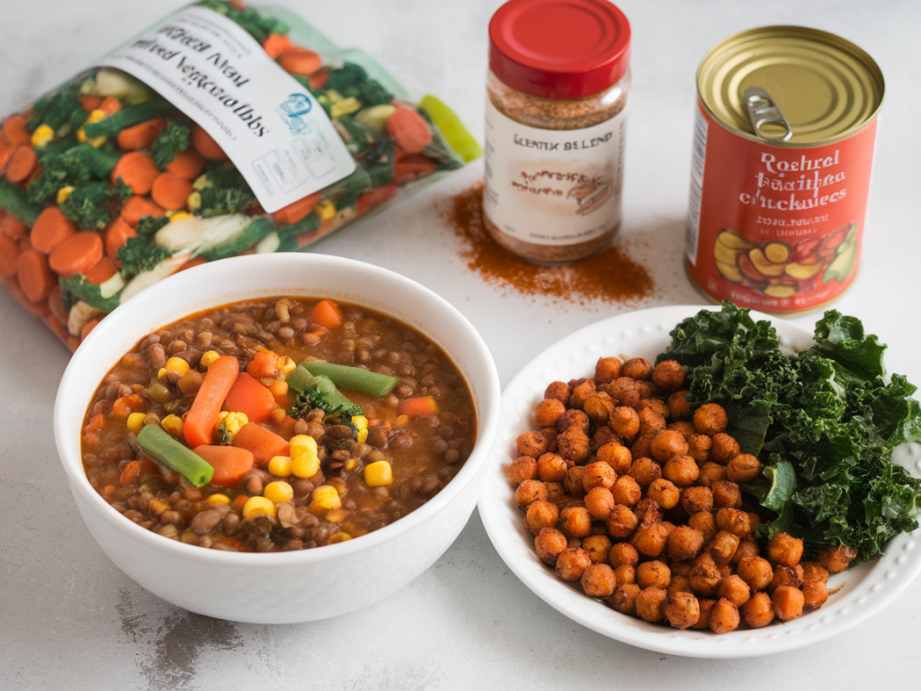 How to build a 20-minute vegetarian weeknight menu using only frozen veg, canned beans and one spice blend