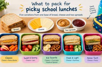 What to pack for picky-school lunches: five variations from one base of bread, cheese and two spreads