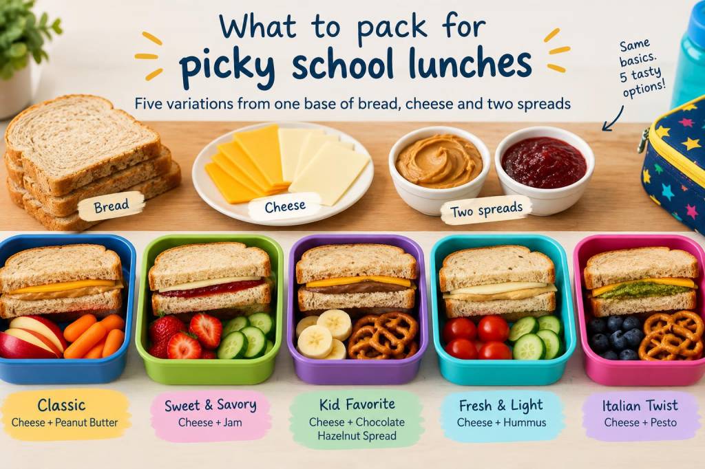 What to pack for picky-school lunches: five variations from one base of bread, cheese and two spreads