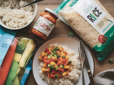 What exactly can i make with only a jar of salsa, a bag of rice and one frozen veg mix to feed a family of four
