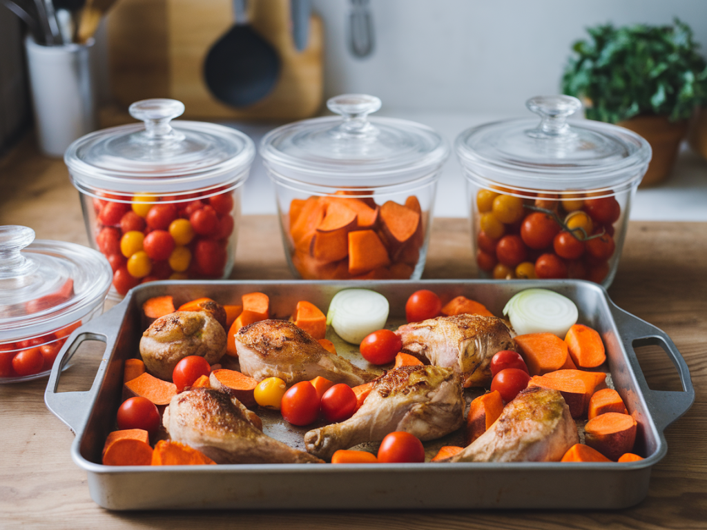 The step-by-step plan to meal prep five different lunches with one roasting tray