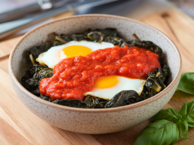 What to cook when you have only eggs, frozen spinach and a jar of tomato sauce